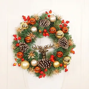 Artificial Christmas Wreath With Deer Head Pinecones Berries Electroplated Balls PVC Green Garland Door Wall Decor
