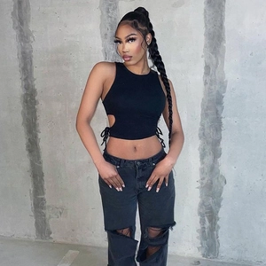 Débardeur Court Femme Sans Manches Sexy Ajouré Côté Cordon De Serrage À Lacets Couleur Unie Col Rond Streetwear