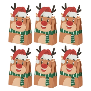 Set of six brown Christmas reindeer gift bags for candy packaging on a white background