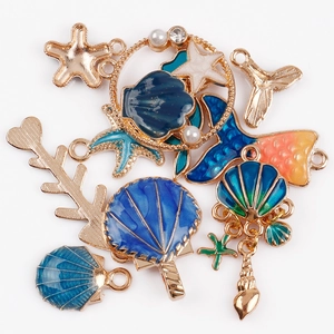 Blue ocean themed alloy pendants with mermaid shell and starfish enamel details