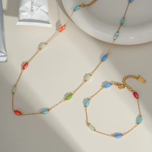 Gold stainless steel jewelry set with colorful crystal beads necklace and bracelet