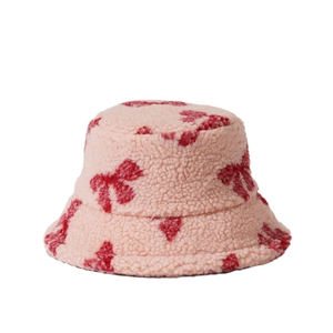 Winter faux lamb wool bucket hat with pink base and red bow jacquard pattern