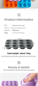 Detail view of 12-hole silicone muffin molds in multiple colors with size dimensions