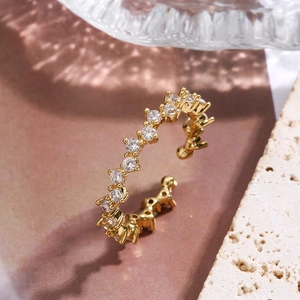 Minimalist 18K gold plated adjustable open ring featuring shimmering cubic zirconia stones