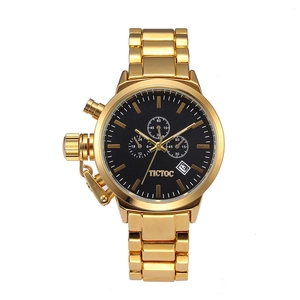 Elegant gold metal strap watch with black chronograph dial on white background