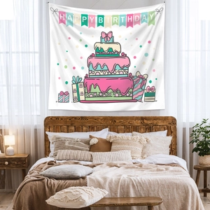 Detail of bohemian Happy Birthday wall tapestry featuring a colorful cake and gift boxes