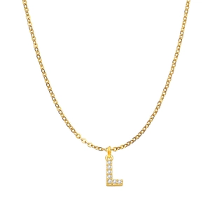 Macro detail of gold dainty chain necklace featuring a crystal-encrusted letter L pendant