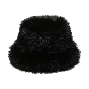 Close-up of the soft black plush texture and fluffy material of this winter bucket hat