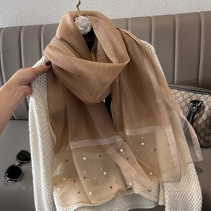 Elegant khaki silk shawl with subtle shimmer, white pearls, and rhinestone embellishments