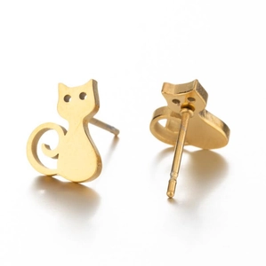 Cute gold stainless steel cat stud earrings with minimalist animal silhouette design