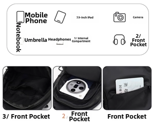 Detail view of functional waterproof chest bag with dual zipper pockets and interior compartments