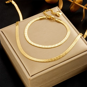 Minimalist Gold Plated Stainless Steel Snake Chain Necklace Bracelet Set For Women Heart Pendant Adjustable Fashion Jewelry Commuter Gift