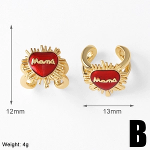 Detail of 18k gold plated mama heart earrings with red enamel and size specs