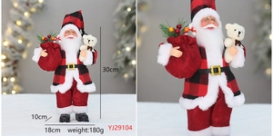 Détail du Père Noël debout 30cm avec dimensions et costume à carreaux rouge et noir