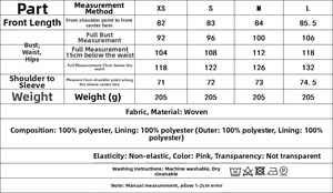 Detailed size chart and washing guide for Bohemian layered chiffon blouse top