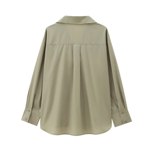 Back view of a long-sleeved olive green poplin shirt with a central pleated detail