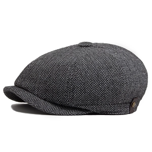 British vintage herringbone newsboy cap with leather label and metal buckle detail