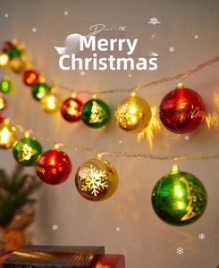 Close-up of glowing LED Christmas ball string lights featuring festive snowflake and tree patterns