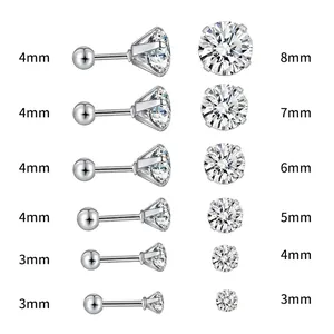 Size comparison chart for 3mm to 8mm stainless steel stud earrings with cubic zirconia
