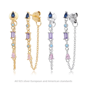 925 Sterling Silver Colorful Zirconia Tassel Drop Earrings For Women Trendy Boho Ethnic Style Inlaid Jewelry Earrings Gift