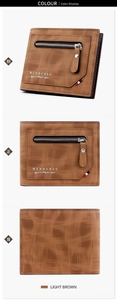 Detailed views of light brown matte PU leather wallet with zipper pocket and stitching