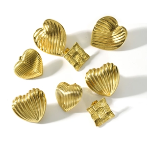 Golden 18k stainless steel heart and square earrings with elegant pleated texture