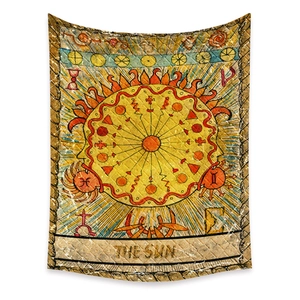 Detail of bohemian Sun Tarot tapestry showing vintage hand-drawn symbols and fabric texture