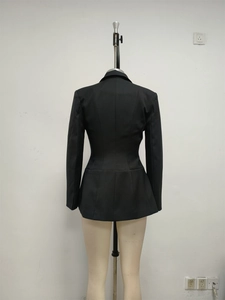 Back view of black slim-fit blazer dress with tailored waist and subtle glossy finish