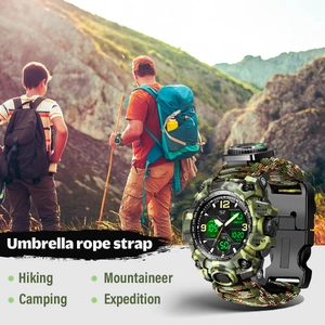 Detailed view of tactical survival watch with paracord strap and dual display screen