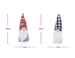 Detailed size view of Christmas gnomes with knit snowflake caps measuring 18cm by 7cm