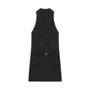 Sleeveless Blazer Dress Double Breasted Lapel Solid Color With Belt Office Lady Elegant Casual Mini Dress Women