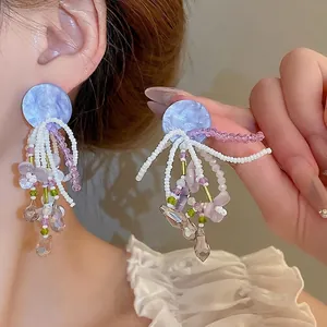 Flower Bow Tassel Dangle Earrings With Silver Earring Post Acrylic Rice Beads Waterdrop Pendant Bohemian Sweet For Women Elegant