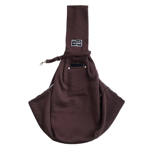 Detail view of coffee brown pet sling bag with phone pocket and interior safety hook