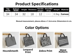 Detailed size chart and canvas tote bag specifications with leopard and zebra patterns