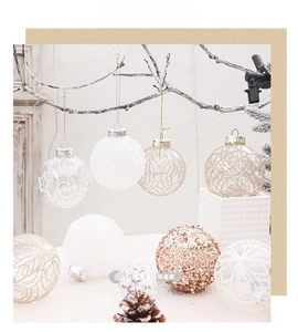 Detailed view of 8cm transparent painted Christmas balls with rose gold and glitter texture