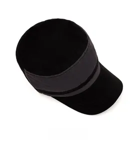 Top view of two-tone military flat cap showing black crown and dark grey band detail