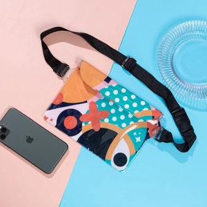 Waterproof PVC crossbody phone pouch with geometric print and adjustable nylon strap