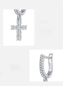 Detail view of S925 sterling silver cross earrings with D color Moissanite inlay stones