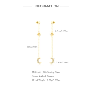Detailed size chart of S925 sterling silver gold star and moon tassel drop earrings