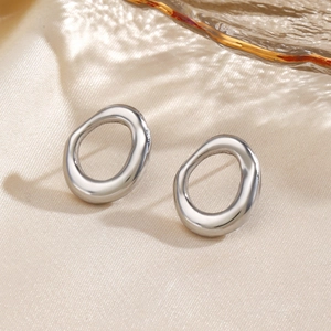 Minimalist silver irregular oval stud earrings in polished stainless steel for women