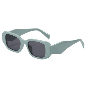 Modern sage green chunky rectangular sunglasses with dark grey lenses and geometric temples