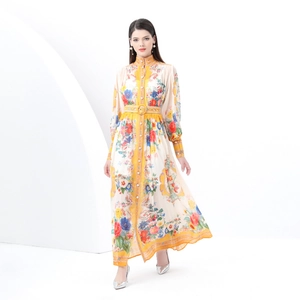 Floral stand collar maxi dress with puff sleeves and waist belt in a vintage 2025 spring style