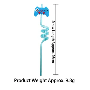 Blue spiral reusable straw with game controller topper, 26cm length and 9.8g weight