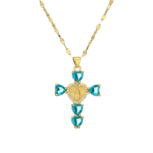 Collana a croce d'oro con gemme blu a cuore e ciondolo con rilievo della Madonna