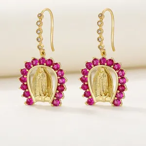 Gold Virgin Mary earrings with pink zircon micro-pave and brass religious pendants