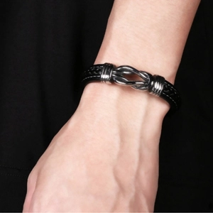 Men's punk braided black leather bracelet with silver alloy magnetic clasp on wrist