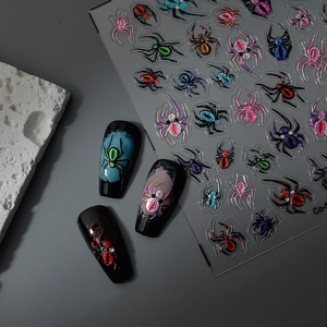 3D spider nail stickers with colorful cat-eye glitter and embossed texture for Halloween