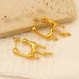 Chic 18K gold plated stainless steel lava earrings with irregular liquid metal texture