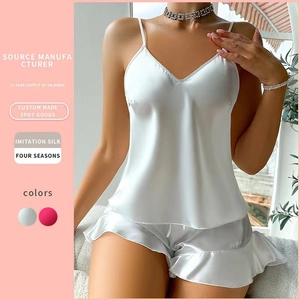 Women Pajama Cami Top And Ruffle Shorts Imitation Satin Satin Sleeveless V-Neck Sleepwear Sexy Solid Color Luxury Homewear
