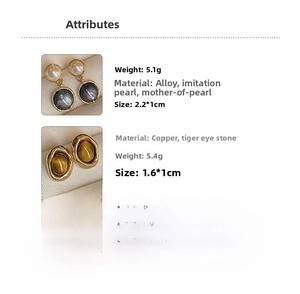 Detailed view of oval faux tiger eye and pearl earrings with precise dimensions and weights
